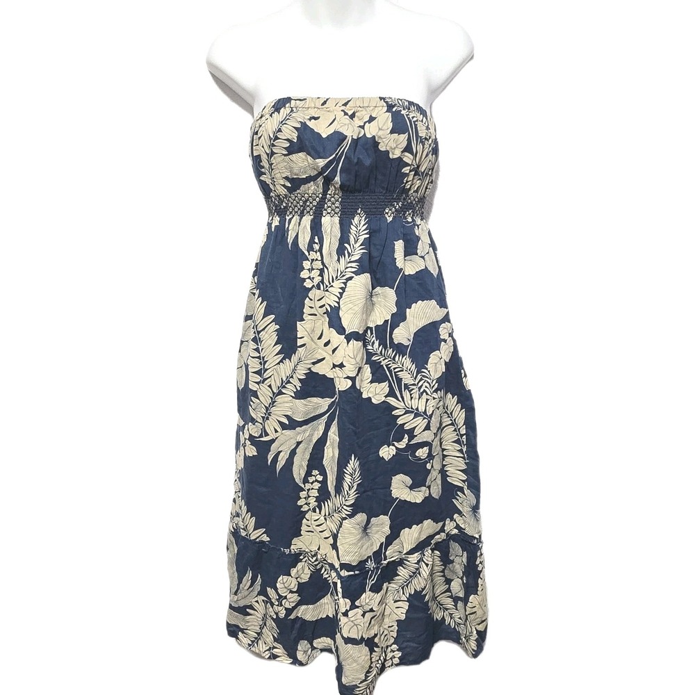 Roxy Women's‎ Vintage Y2K Strapless Midi Dress Floral Print Navy Tan Size Medium